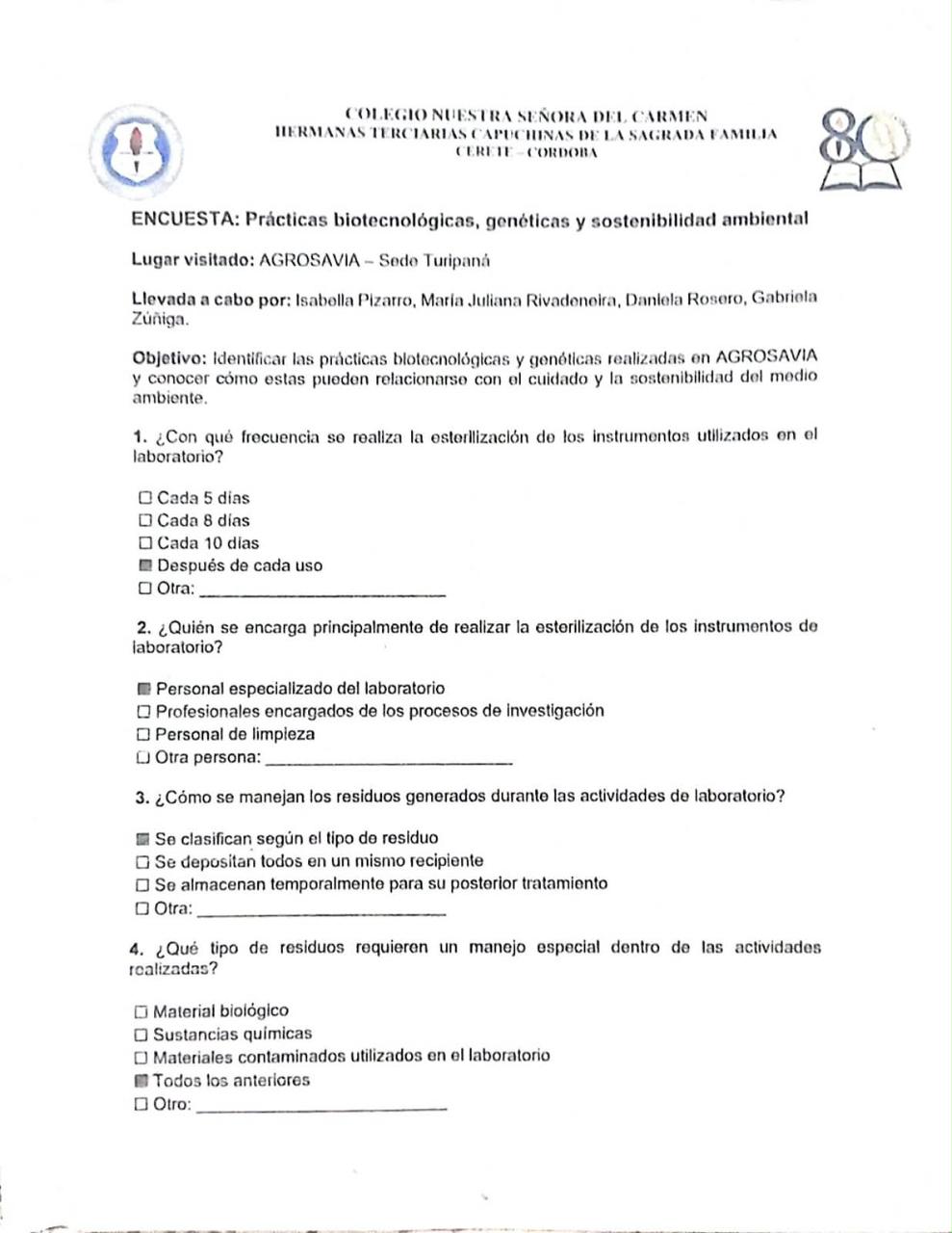 Encuesta página 1 con preguntas 1 a 4 marcadas con casillas negras